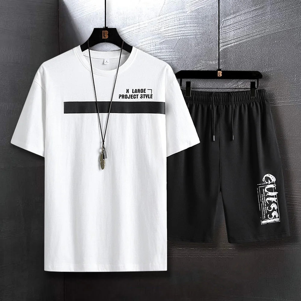 Mens Printed T-Shirt and Shorts Co Ord Set MCSPR44 - White Black