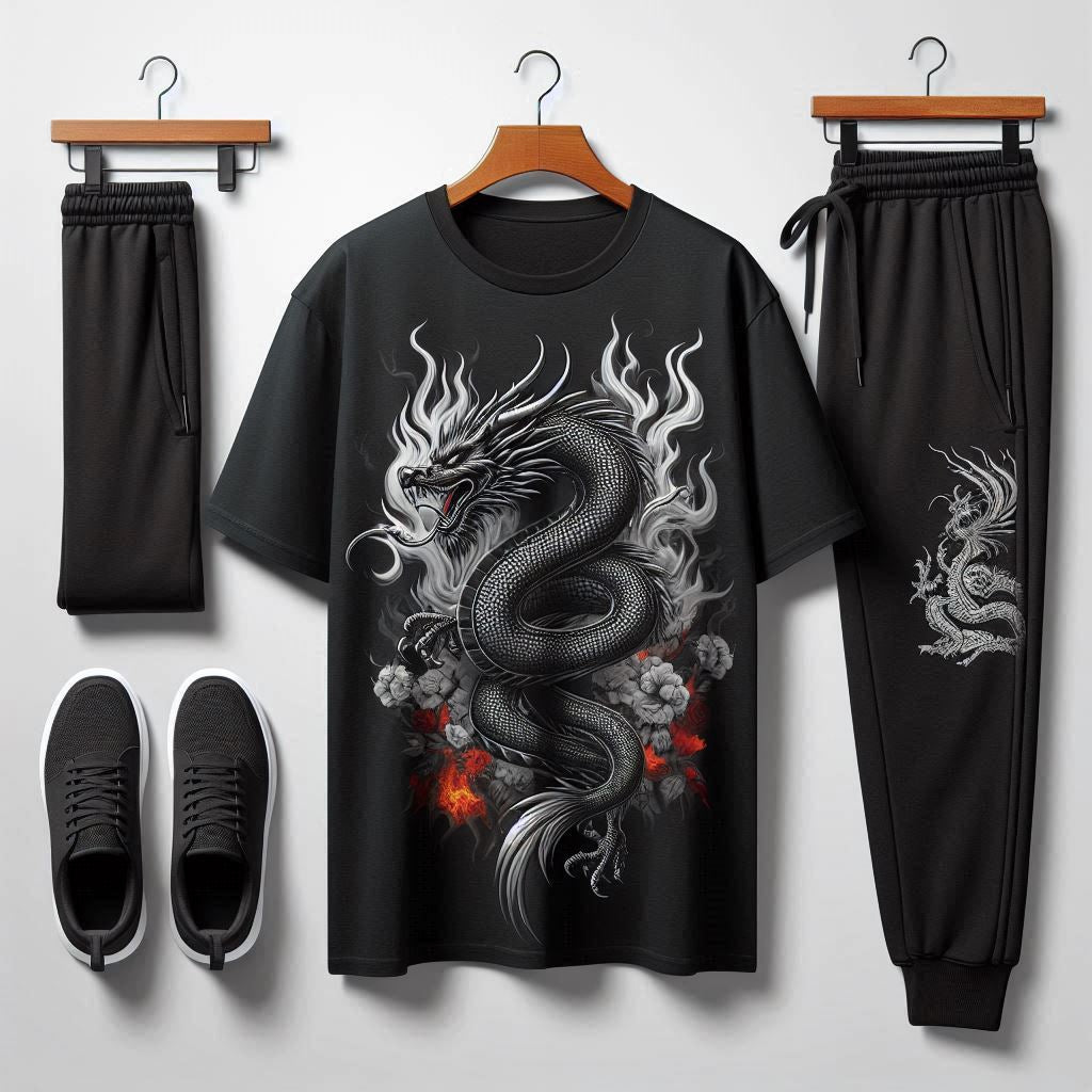Mens Printed T-Shirt and Pants Co Ord Set GMCSPRTP35 - Black Black