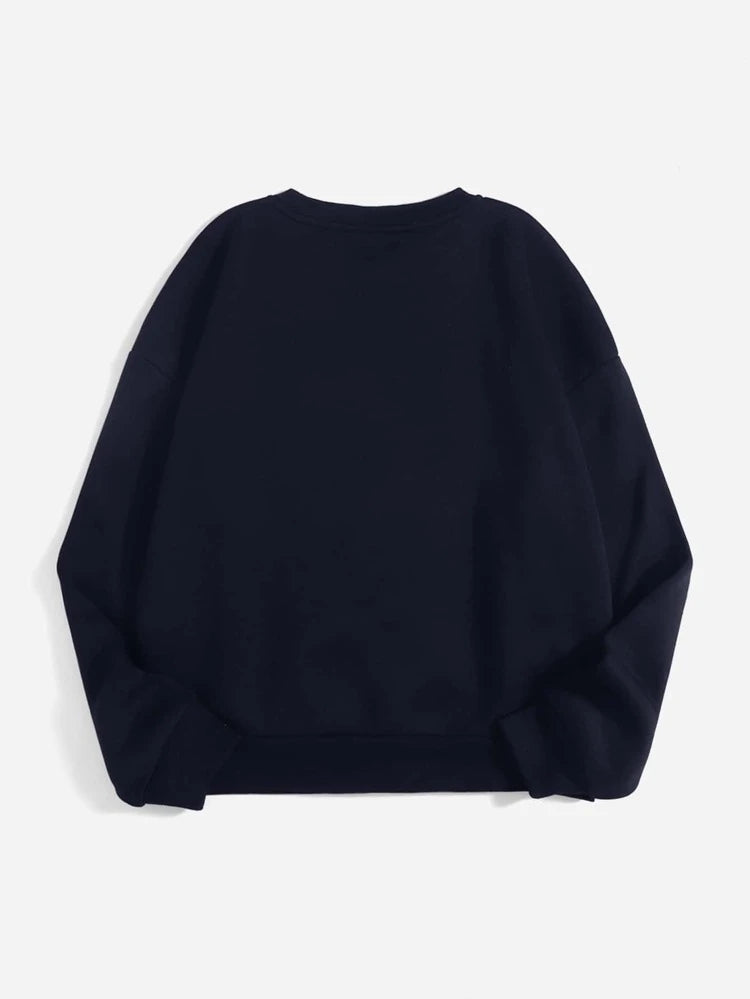 Groove Round Neck Printed Fleece Sweatshirt APRIN35 - Navy Blue