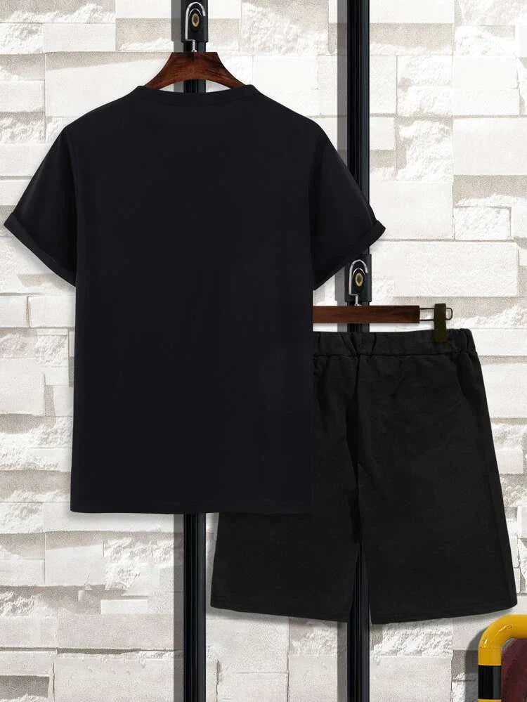 Mens Printed T-Shirt and Shorts Co Ord Set MCSPR25 - Black Black