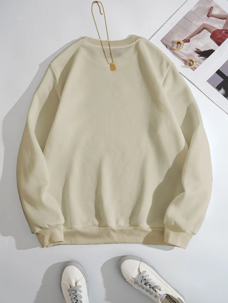 Groove Round Neck Printed Fleece Sweatshirt APRIN253 - Cream