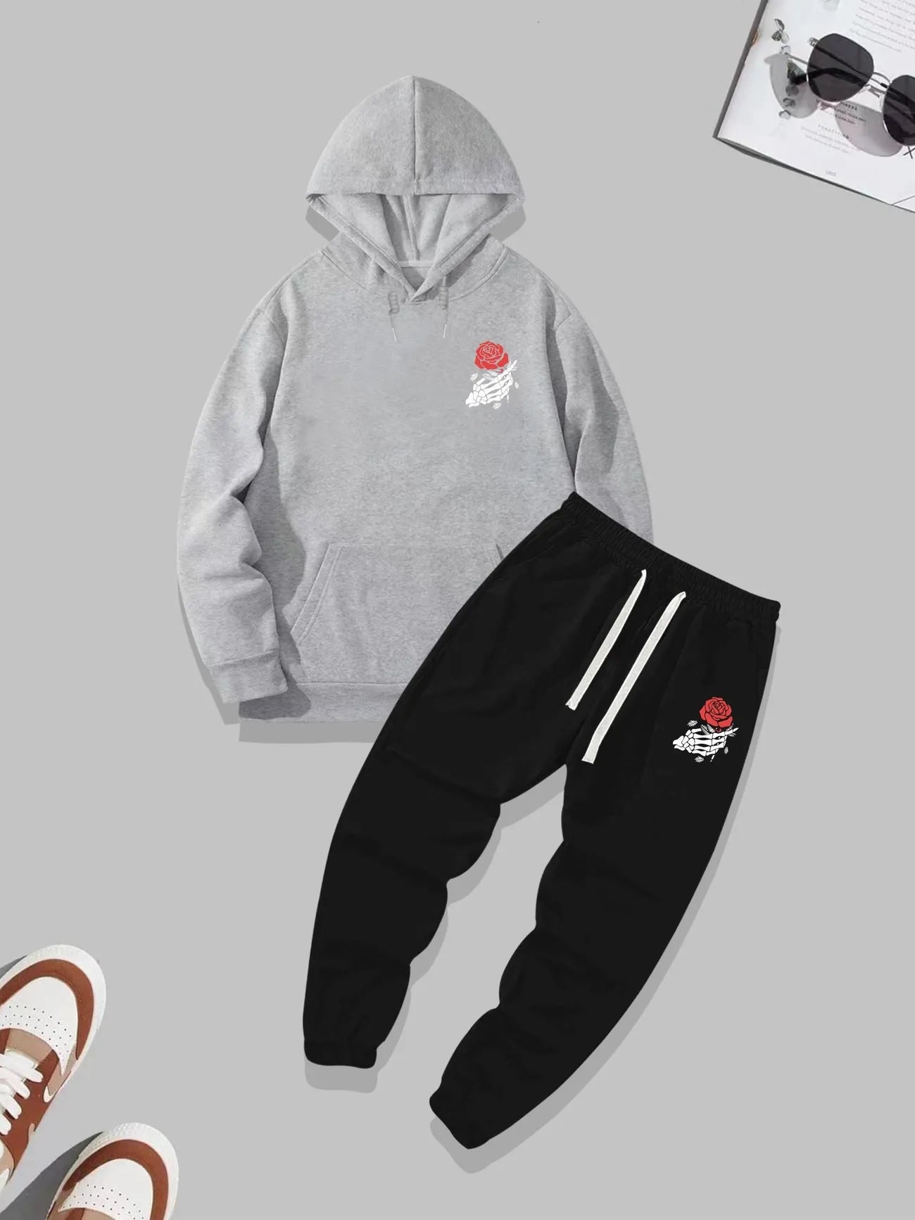 Kangaroo Hoodie and Pants Printed Set - GRUMKANPHS2 - Grey Black