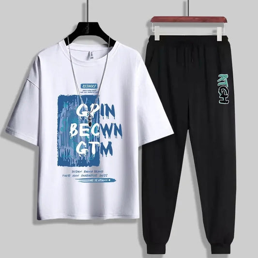 Mens Printed T-Shirt and Pants Co Ord Set GMCSPRTP22 - White Black