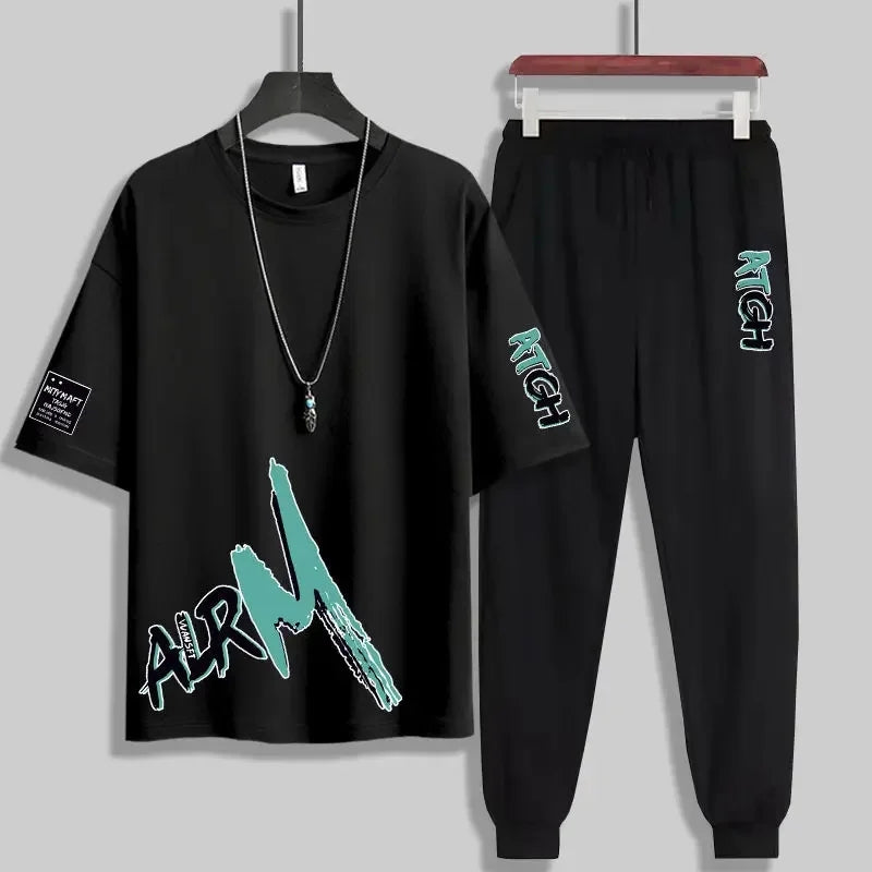Mens Printed T-Shirt and Pants Co Ord Set GMCSPRTP21 - Black Black