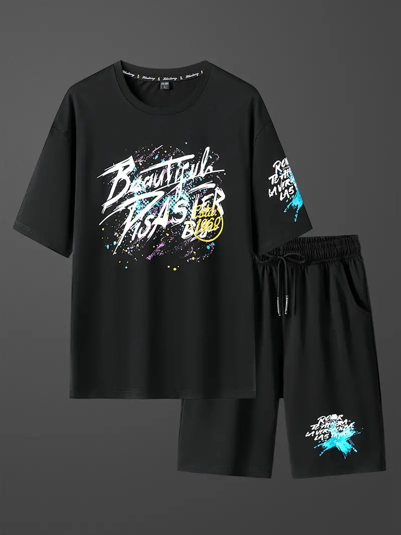 Mens Printed T-Shirt and Shorts Co Ord Set MCSPR45 - Black Black