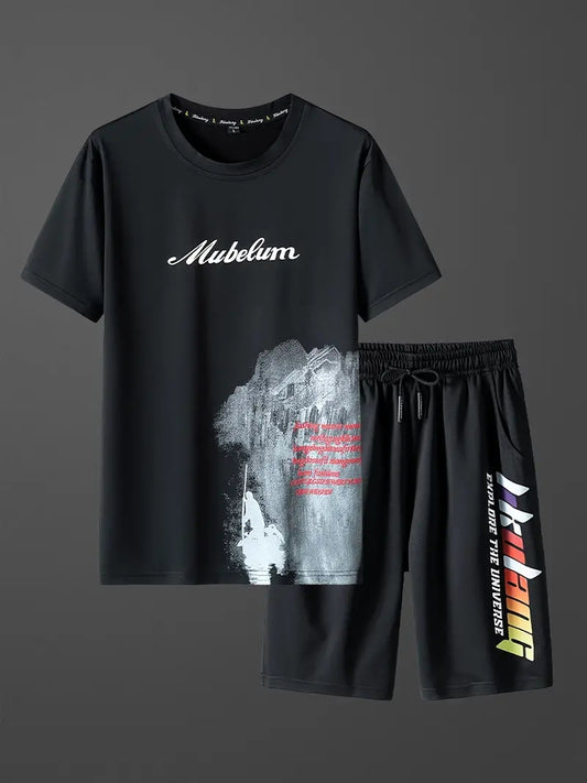 Mens Printed T-Shirt and Shorts Co Ord Set MCSPR49 - Black Black