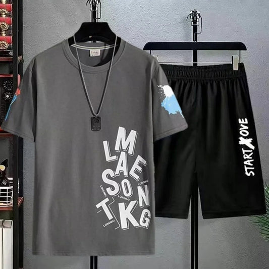 Mens Printed T-Shirt and Shorts Co Ord Set MCSPR50 - Charcoal Black