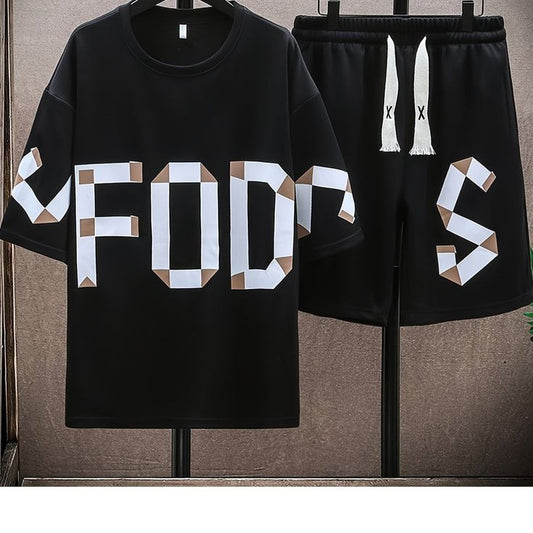 Mens Printed T-Shirt and Shorts Co Ord Set MCSPR42 - Black Black