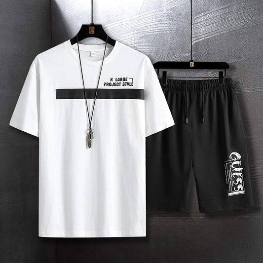 Mens Printed T-Shirt and Shorts Co Ord Set MCSPR44 - White Black