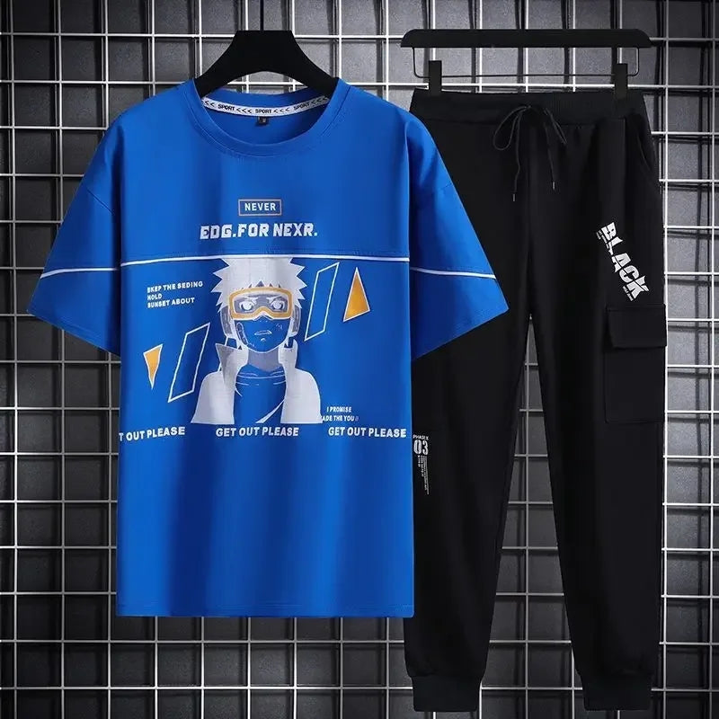 Mens Printed T-Shirt and Pants Co Ord Set GMCSPRTP25 - Royal Blue Black