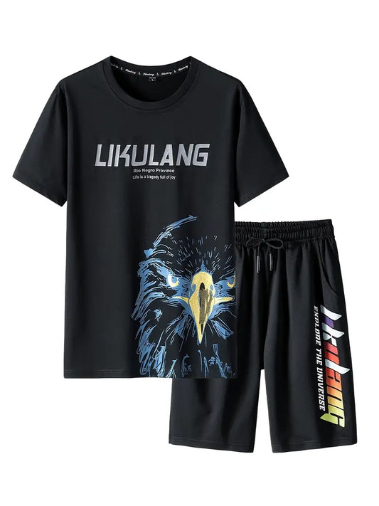 Mens Printed T-Shirt and Shorts Co Ord Set MCSPR47 - Black Black