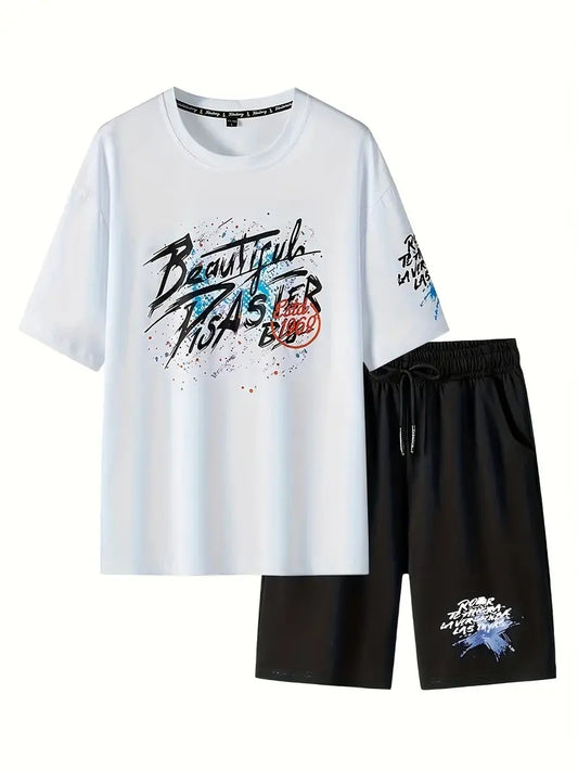 Mens Printed T-Shirt and Shorts Co Ord Set MCSPR45 - White Black