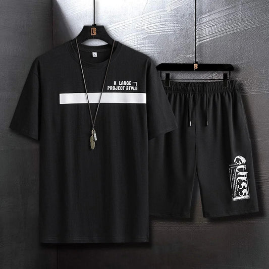Mens Printed T-Shirt and Shorts Co Ord Set MCSPR44 - Black Black