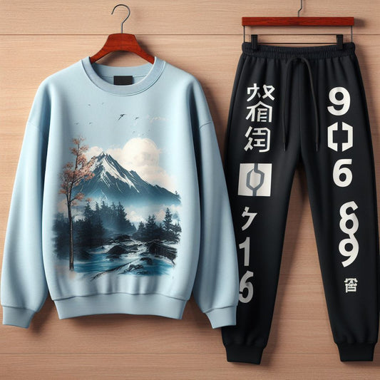 Sweatshirt and Pants Printed Set - GRUMSPS37 - Light Blue Black