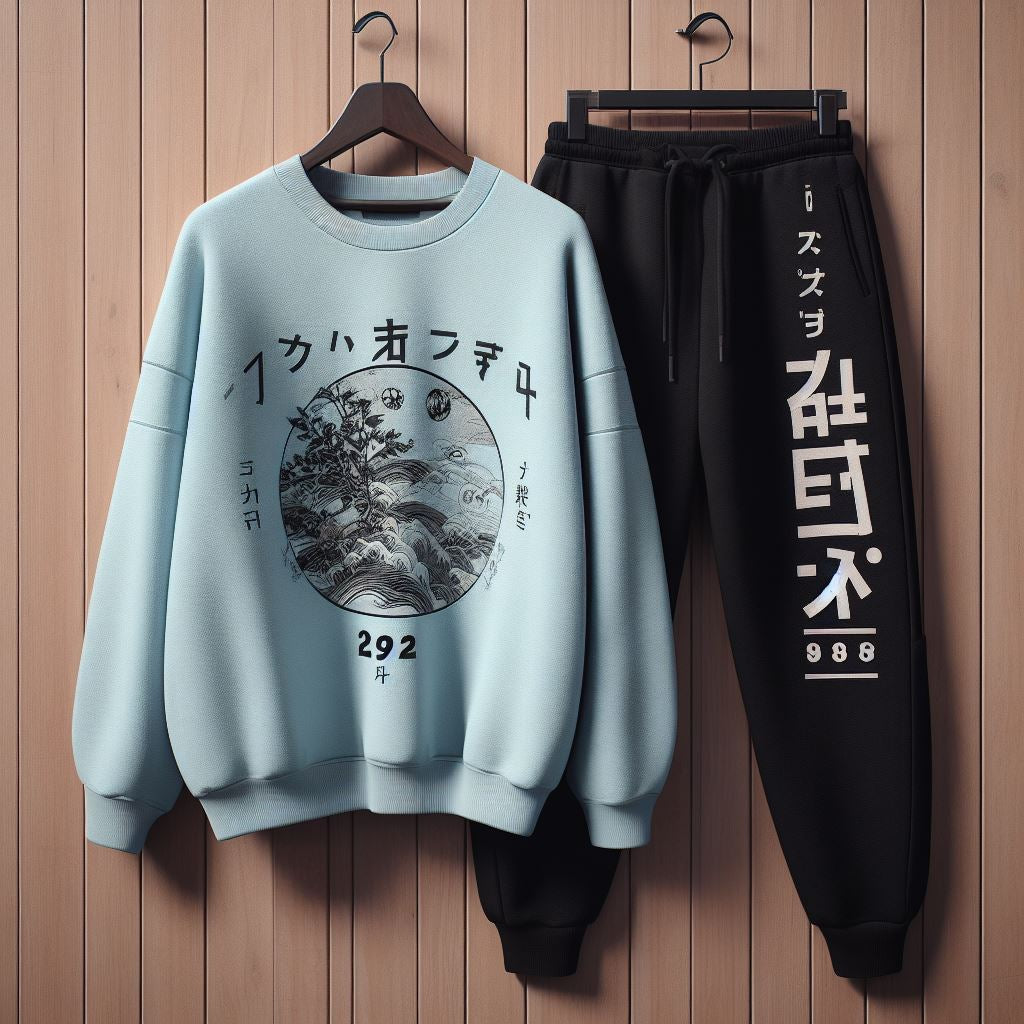 Sweatshirt and Pants Printed Set - GRUMSPS27 - Light Blue Black