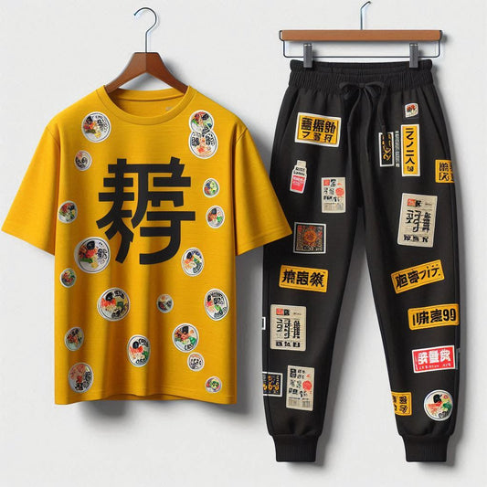 Mens Printed T-Shirt and Pants Co Ord Set GMCSPRTP31 - Yellow Black