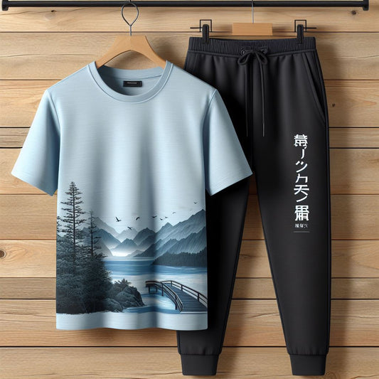 Mens Printed T-Shirt and Pants Co Ord Set GMCSPRTP15 - Light Blue Black