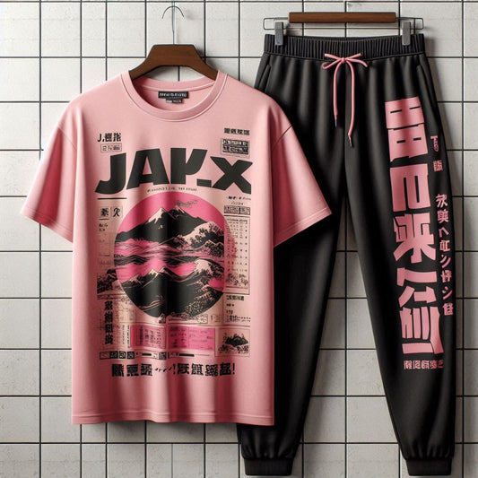 Mens Printed T-Shirt and Pants Co Ord Set GMCSPRTP29 - Pink Black