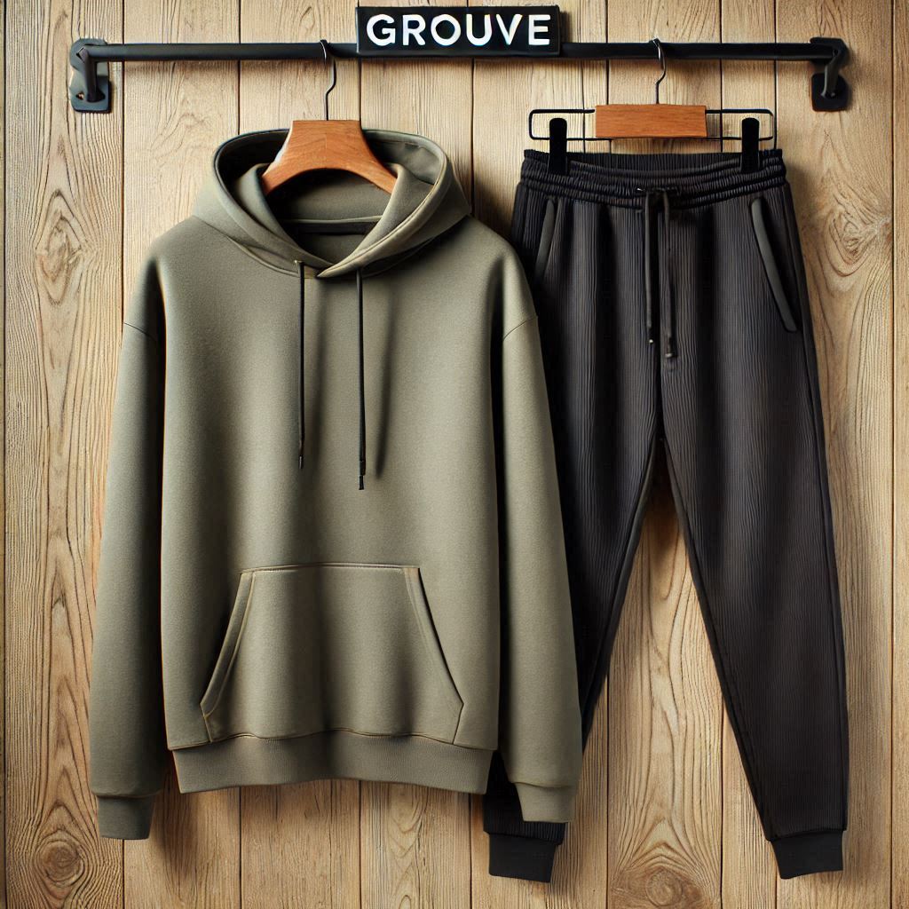 Plain Kangaroo Hoodie and Pants Set by Groove - GROPHPS1 - Olive Green Black