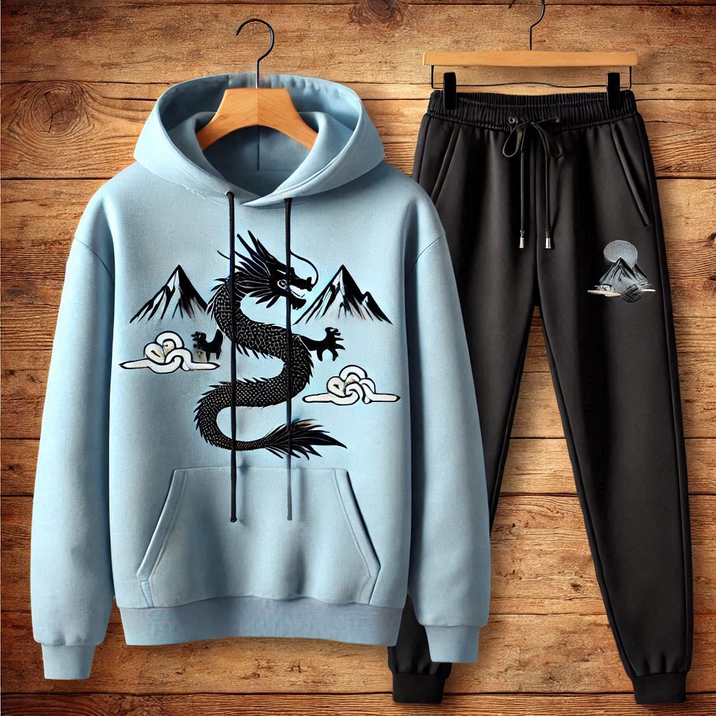 Kangaroo Hoodie and Pants Printed Set - GRUMKANPHS32 - Light Blue Black