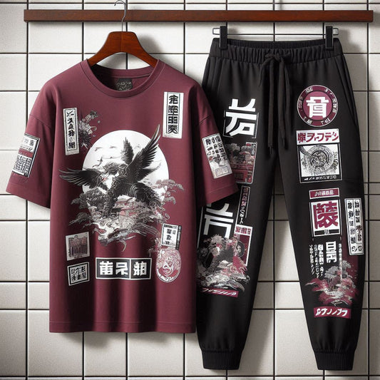 Mens Printed T-Shirt and Pants Co Ord Set GMCSPRTP30 - Maroon Black