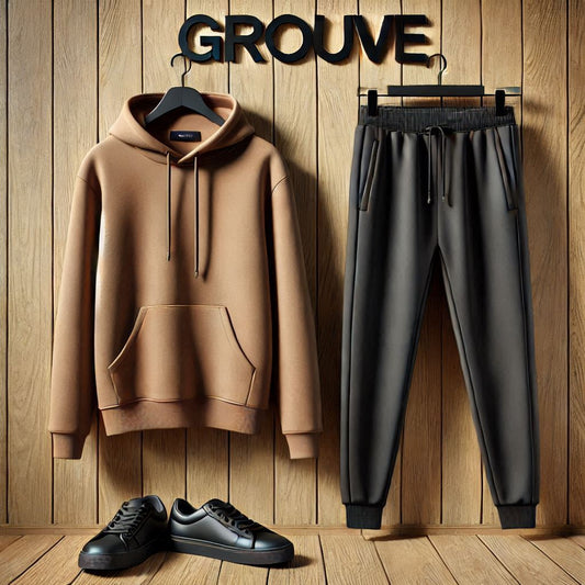 Plain Kangaroo Hoodie and Pants Set by Groove - GROPHPS1 - Brown Black