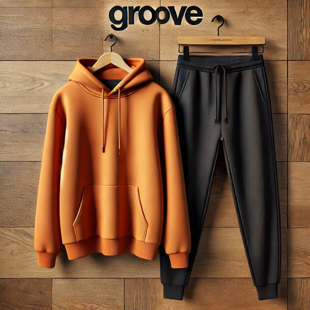 Plain Kangaroo Hoodie and Pants Set by Groove - GROPHPS1 - Orange Black