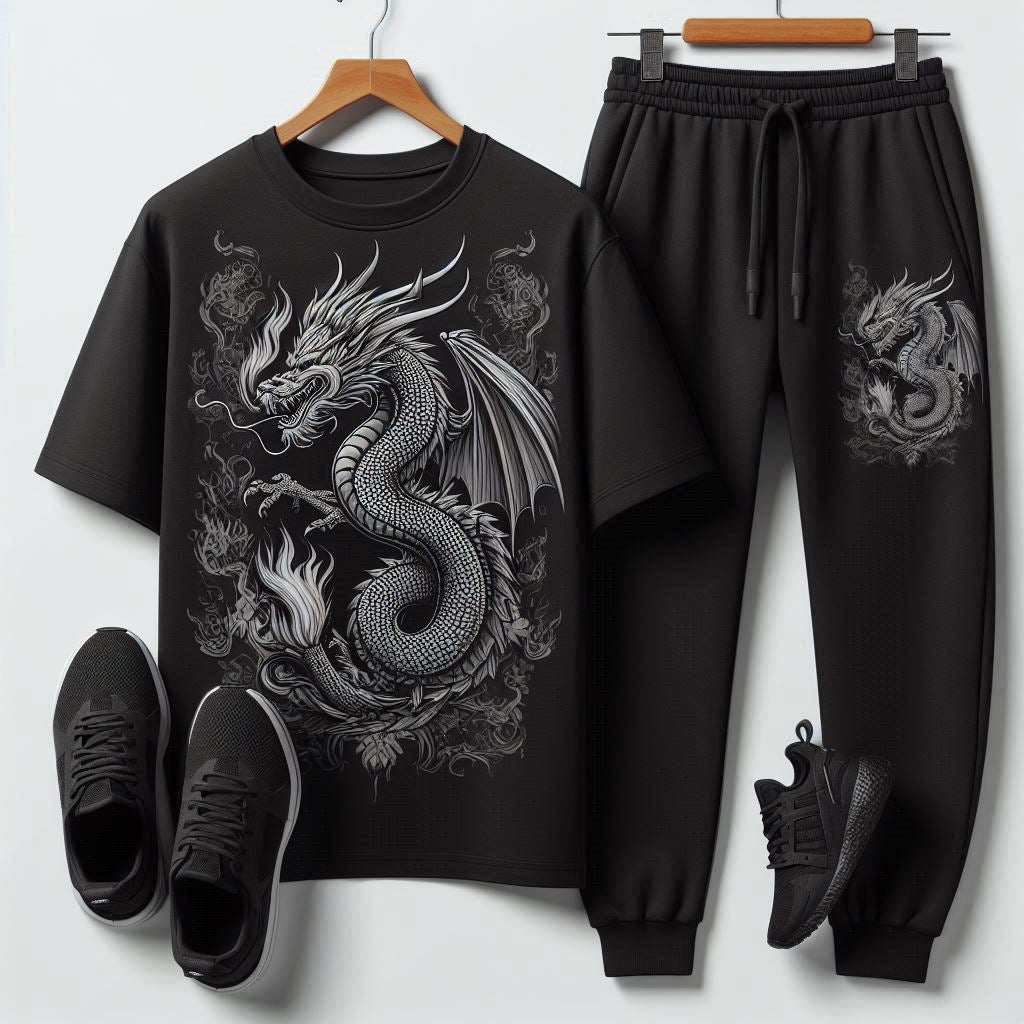 Mens Printed T-Shirt and Pants Co Ord Set GMCSPRTP34 - Black Black