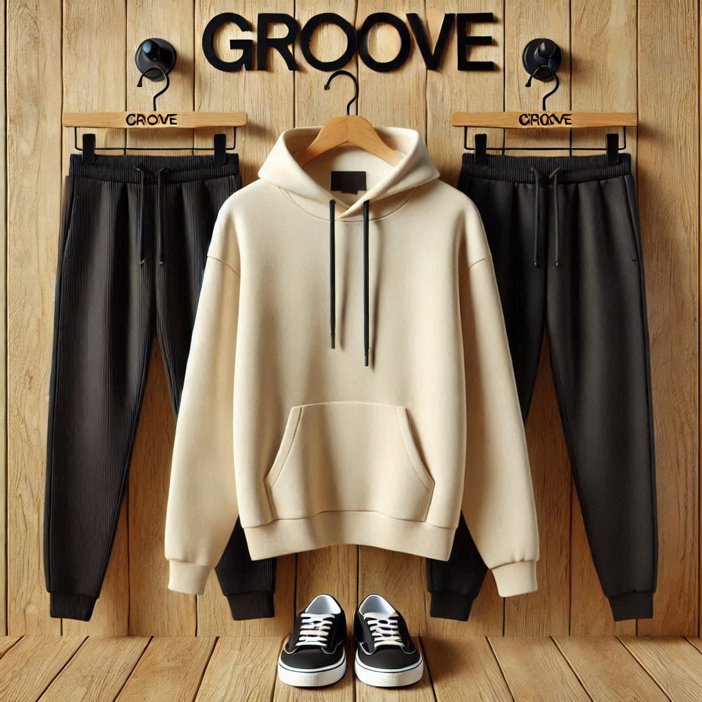 Plain Kangaroo Hoodie and Pants Set by Groove - GROPHPS1 - Cream Black