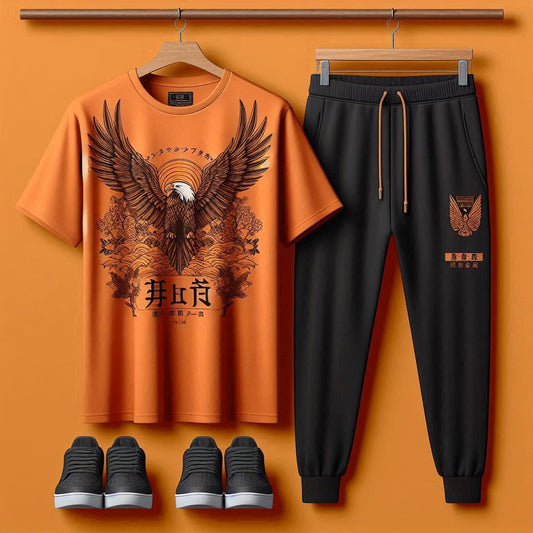 Mens Printed T-Shirt and Pants Co Ord Set GMCSPRTP36 - Orange Black
