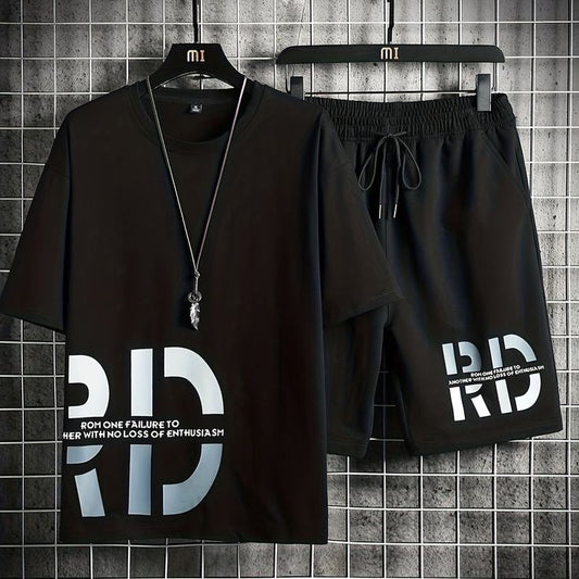 Mens Printed T-Shirt and Shorts Co Ord Set MCSPR40 - Black Black