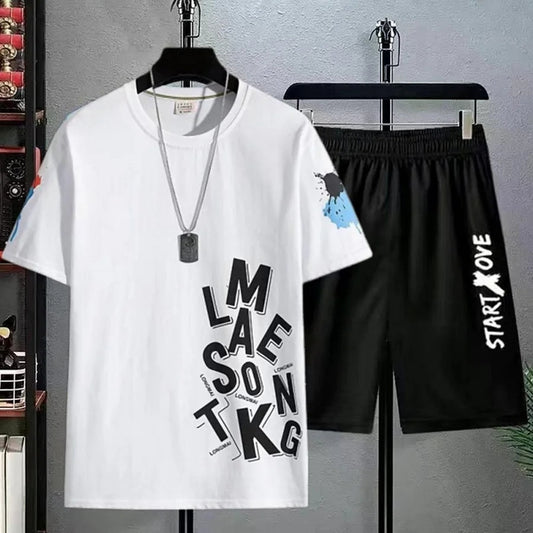 Mens Printed T-Shirt and Shorts Co Ord Set MCSPR50 - White Black