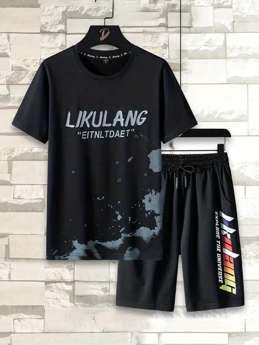Mens Printed T-Shirt and Shorts Co Ord Set MCSPR46 - Black Black