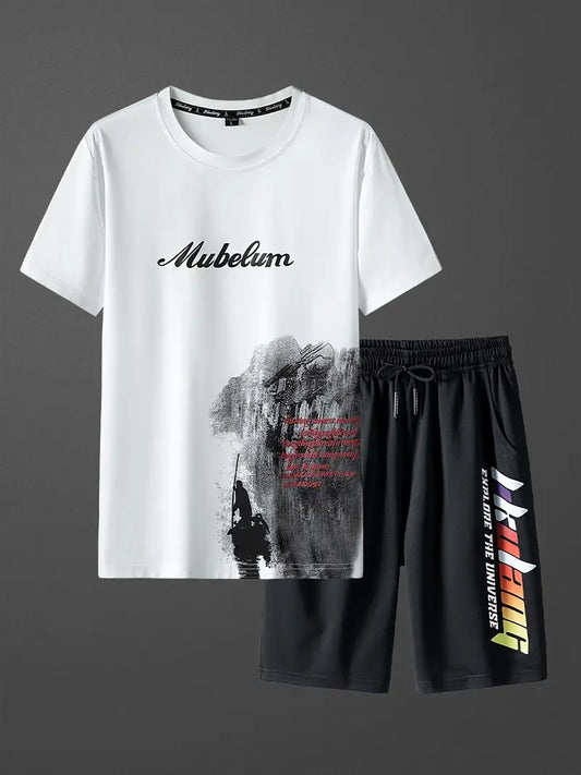 Mens Printed T-Shirt and Shorts Co Ord Set MCSPR49 - White Black