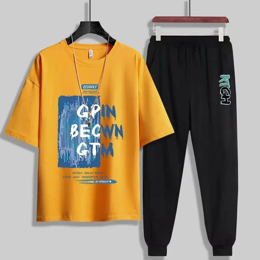 Mens Printed T-Shirt and Pants Co Ord Set GMCSPRTP22 - Yellow Black