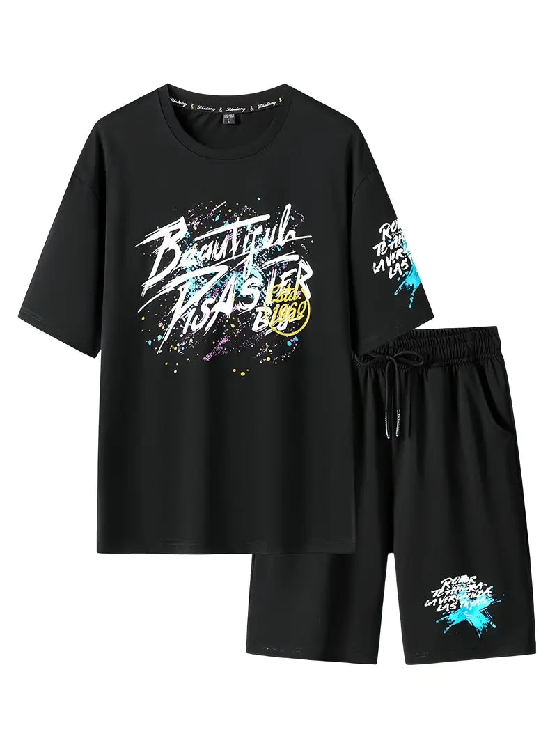 Mens Printed T-Shirt and Shorts Co Ord Set MCSPR45 - Black Black