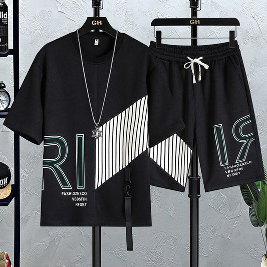 Mens Printed T-Shirt and Shorts Co Ord Set MCSPR41 - Black Black