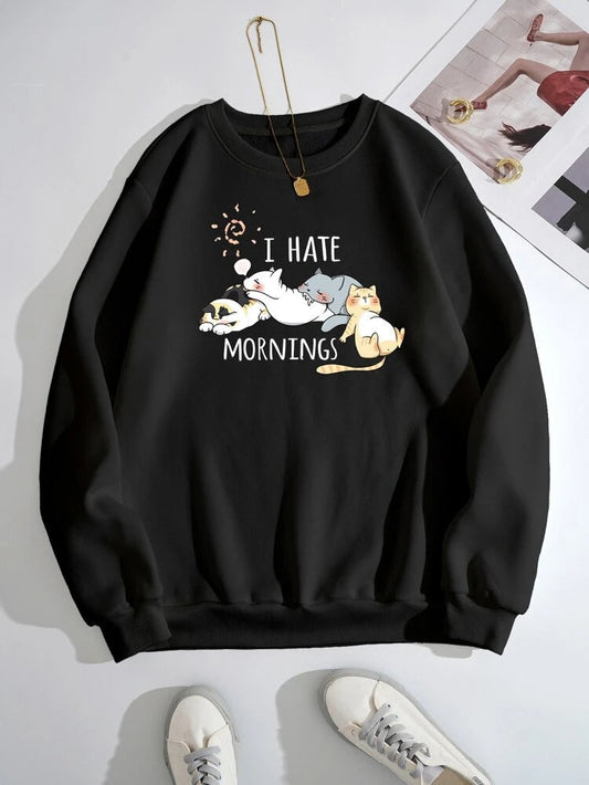 Groove Round Neck Printed Fleece Sweatshirt APRIN252 - Black