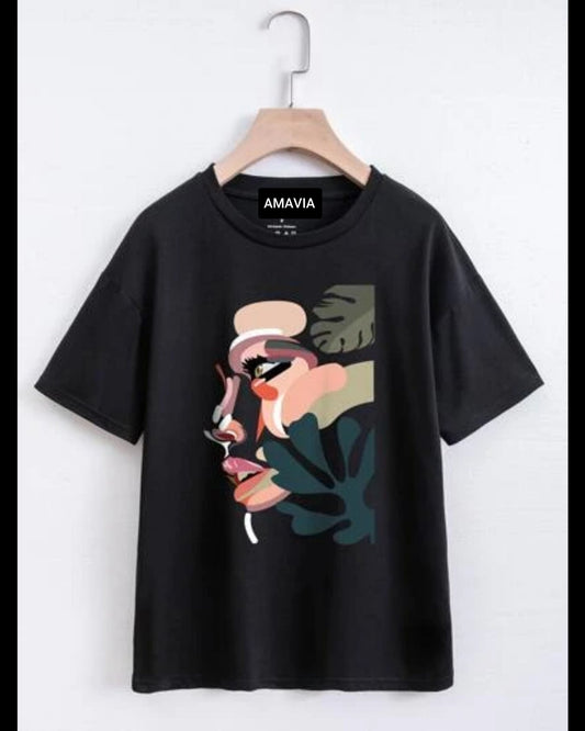 Womens Premium Cotton Printed T-Shirt - APRIN188 - Black