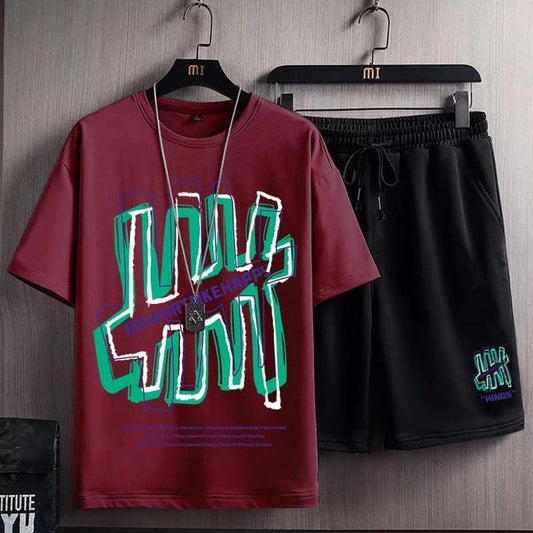 Mens Printed T-Shirt and Shorts Co Ord Set MCSPR15 - Maroon Black